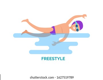 Freestyle swimmer poster and text, Person wearing swimwear, hat and goggles protecting from water splashes. Sportsman in water, swim style raster - Powered by Shutterstock