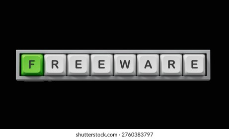 freeware.Computer keyboard keys spelling.Flat lay view from above on Computer keyboard keys buttons.IT technology concept.3D rendering on black Screen for footage and clipping path.