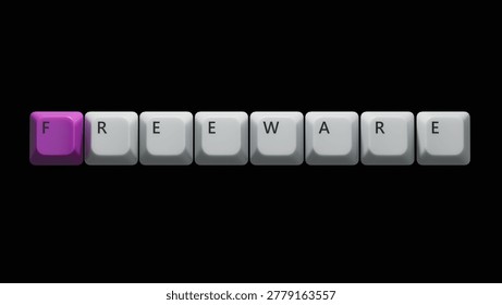 freeware.Computer keyboard keys spelling.Flat lay view from above on blue background with computer keyboard keys buttons.IT technology concept.3D rendering on black Screen for footage
