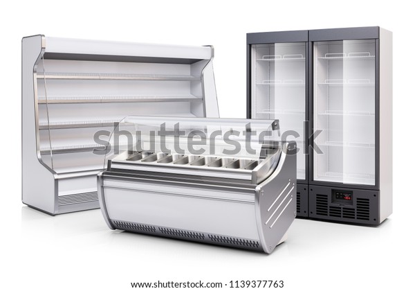 白い背景に冷凍庫ショーケース 冷蔵キャビネット 冷蔵庫ショーケース3d のイラスト素材