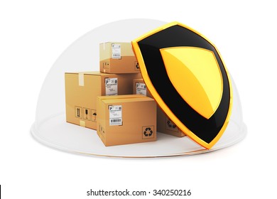 Freight Cargo Insurance And Purchases Protection Concept, Stack Of Packages Under The Shield, Isolated On White