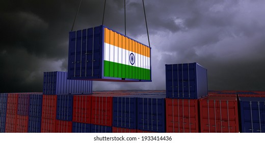 A Freight Container With The Indian Flag Hangs In Front Of Many Blue And Red Stacked Freight Containers - Concept Trade - Import And Export - 3d Illustration