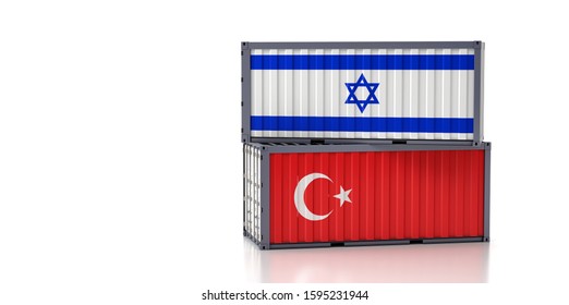 Freight Container With Israel And Turkey National Flag. 3D Rendering