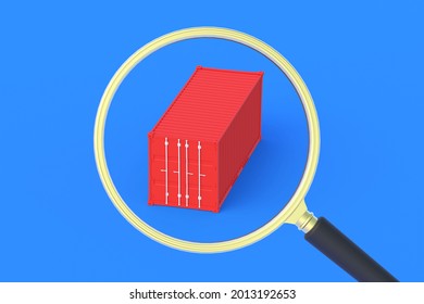 Freight Container In Magnifier On Blue Background. Shipping Search. Logistic Company. Transportation Of Goods. International Trade. Checking The Cargo At Customs. Copy Space. 3d Render