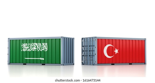 Freight Container With Saudi Arabia And Turkey Flag. 3D Rendering