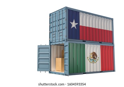 Freight Container With Texas And Mexico Flag - Isolated On White. 3D Rendering