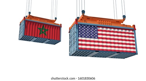 Freight container with USA and Morocco flag - isolated on white. 3D Rendering