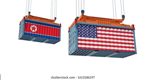 Freight container with USA and North Korea flag - isolated on white. 3D Rendering