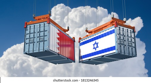 Freight Containers With Bahrain And Israel Flag. 3D Rendering 