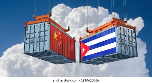 Freight Containers With China And Cuba Flag. 3D Rendering 