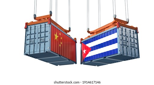 Freight Containers With China And Cuba Flag. Isolated On White. 3D Rendering 