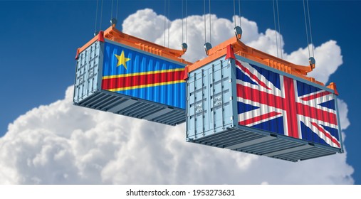 Freight Containers With Democratic Republic Of The Kongo And United Kingdom National Flags. 3D Rendering 