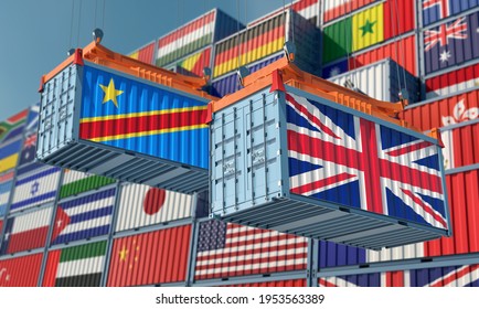 Freight Containers With Democratic Republic Of The Kongo And United Kingdom National Flags. 3D Rendering 