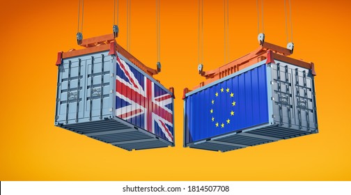 Freight containers with European Union and United Kingdom flag. 3D Rendering 