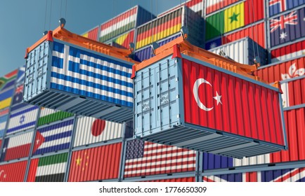 Freight Containers With Greece And Turkey Flag. 3D Rendering 