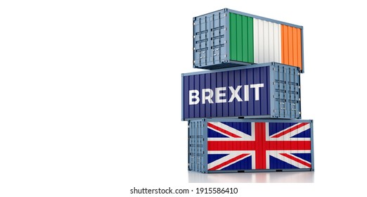 Freight Containers With Ireland And United Kingdom Flag. Brexit Trading Problems. 3D Rendering 