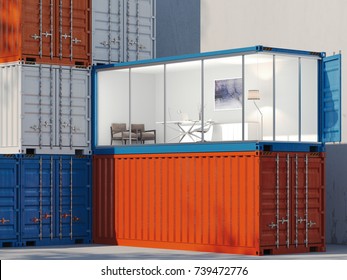 Freight Containers In The Port. One Container Is Converted Into An Office. 3d Rendering