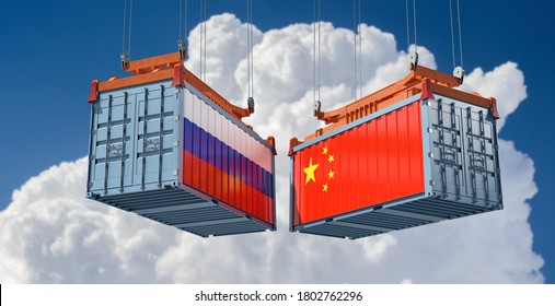 Freight Containers With Russia And China Flag. 3D Rendering 