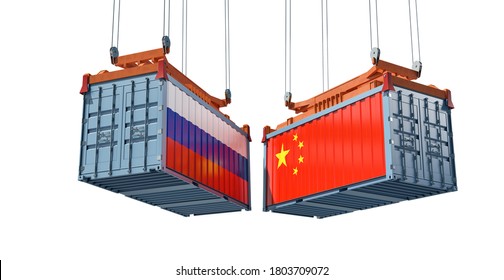 Freight Containers With Russia And China Flag. Isolated On White. 3D Rendering 