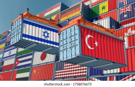 Freight Containers With Turkey And Israel Flag. 3D Rendering 