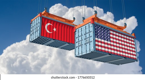 Freight Containers With USA And Turkey Flag. 3D Rendering 