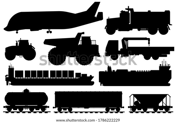 Freight shipping silhouette. Cargo shipping\
vehicle icon. Isolated industrial aircraft, dump, crane truck,\
ship, freight car transport flat icon collection. Transportation,\
delivery service\
concept