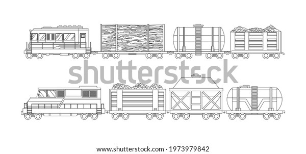 Freight train\
cargo cars with Container and box freight train. Rolling stock\
transport illustration set. Logistics heavy railway transport\
design elements. Flat style\
illustration