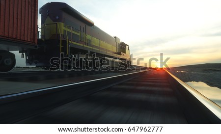 Freight train with cargo containers. Against Sunrise. 3d rendering.
