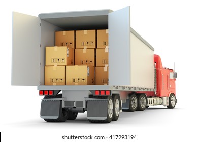 Frachtverkehr, Paketversandkonzept und Versandwarenkonzept, Ladungs- und Entladevorgänge, Lieferwagen mit Kartonboxen einzeln auf Weiß, 3D-Abbildung