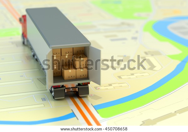 運送 荷積み 出荷 物流 ビジネスコンセプト 紙の市の地図に厚紙の箱や小包が詰まった配送トラック 3dイラスト のイラスト素材