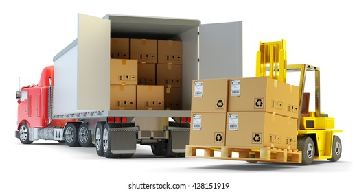 Freight transportation, packages shipment, warehouse logistics and cargo loading and unloading concept, delivery truck with cardboard boxes and forklift with pallet isolated on white, 3d illustration