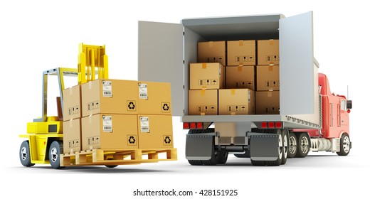 Freight Transportation, Packages Shipment, Warehouse Logistics And Cargo Loading And Unloading Concept, Delivery Truck With Cardboard Boxes And Forklift With Pallet Isolated On White, 3d Illustration