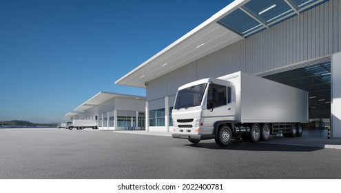 Freight trucks park in the warehouse. Logistics and goods storage concept. 3d rendering