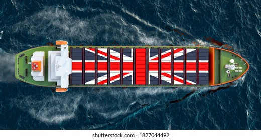 Freighter ship with British cargo containers sailing in ocean, 3D rendering