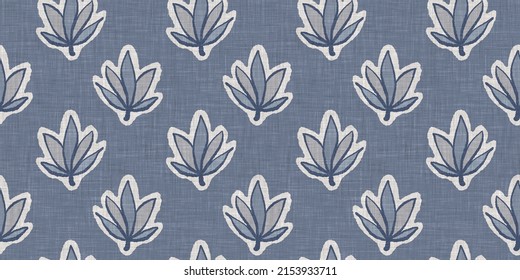 French Blue Botanical Leaf Linen Seamless Border With 2 Tone Country Cottage Style Motif. Simple Vintage Rustic Fabric Textile Effect. Primitive Modern Shabby Chic Kitchen Cloth Design.