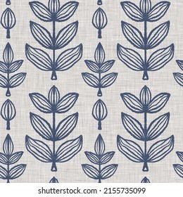 French Blue Botanical Leaf Linen Seamless Pattern With 2 Tone Country Cottage Style Motif. Simple Vintage Rustic Fabric Textile Effect. Primitive Modern Shabby Chic Kitchen Cloth Design.