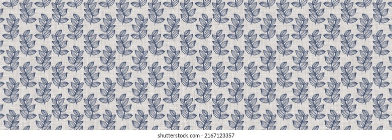 French blue botanical leaf linen seamless border with 2 tone country cottage style motif. Simple vintage rustic fabric textile effect. Primitive modern shabby chic kitchen cloth design.