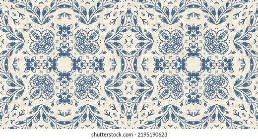 French Blue Floral French Printed Fabric Border Pattern For Shabby Chic Home Decor Trim. Rustic Farm House Country Cottage Flower Linen Endless Tape. Patchwork Quilt Effect Ribbon Edge.