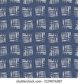 French Blue Geometric Linen Seamless Pattern. Tonal Farmhouse Cottage Style Abstract Grid Background. Simple Vintage Rustic Fabric Textile Effect. Primitive Modern Shabby Chic Kitchen Cloth Design.