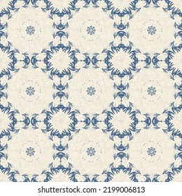 French Blue Quilt Printed Fabric Pattern For Shabby Chic Home Decor Style. Rustic Farm House Country Cottage Linen Seamless Background. 