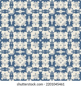 French Blue Quilt Printed Fabric Pattern For Shabby Chic Home Decor Style. Rustic Farm House Country Cottage Linen Seamless Background. 