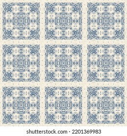 French Blue Quilt Printed Fabric Pattern For Shabby Chic Home Decor Style. Rustic Farm House Country Cottage Linen Seamless Background. 