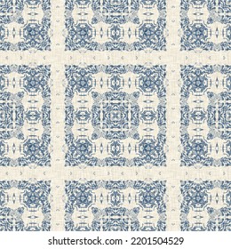 French Blue Quilt Printed Fabric Pattern For Shabby Chic Home Decor Style. Rustic Farm House Country Cottage Linen Seamless Background. 