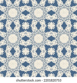 French Blue Quilt Printed Fabric Pattern For Shabby Chic Home Decor Style. Rustic Farm House Country Cottage Linen Seamless Background. 