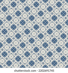 French Blue Quilt Printed Fabric Pattern For Shabby Chic Home Decor Style. Rustic Farm House Country Cottage Linen Seamless Background. 