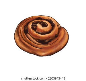 French Bread Pain Aux Raisins Watercolor Illustration Hand Drawing French Food 