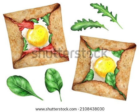 French breakfast - Breton buckwheat pancakes with egg, bacon,  arugula and spinach. Illustration watercolor. Good to use for restaurant menu, food recipe book.