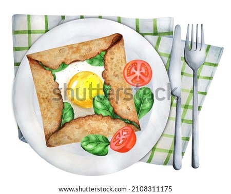 French Breton buckwheat pancakes with egg and spinach. French cuisine. Suitable for restaurant menu design, flyers and cookbook. Illustration watercolor