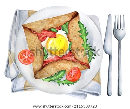 French Breton buckwheat pancakes with egg and arugula. French cuisine. Suitable for restaurant menu design, flyers and cookbook. Illustration watercolor