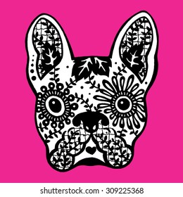 French Bulldog Sugar Skull, Frenchie Cute Dog Day Of The Dead, Pen Drawing Illustration Design